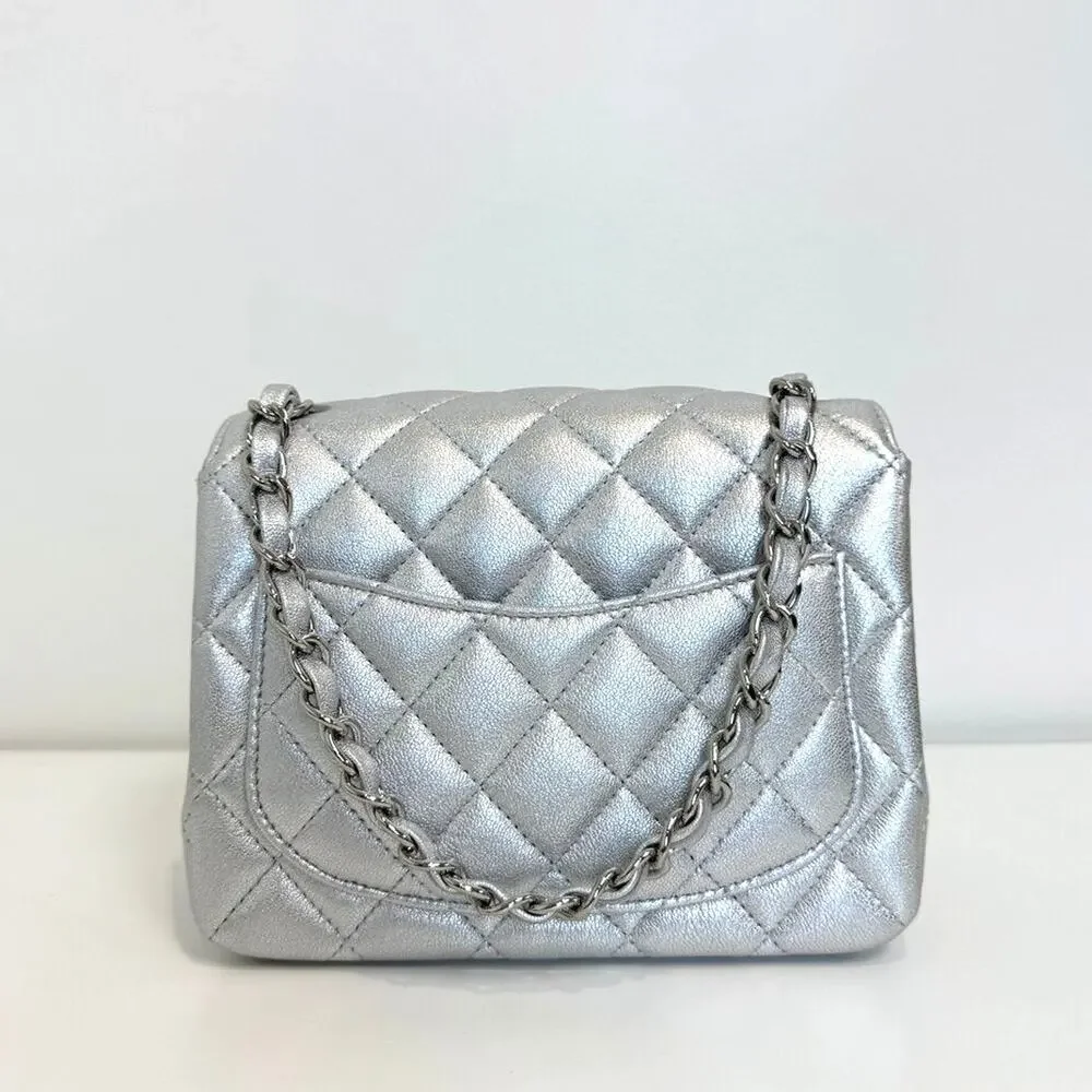 CHANEL Metallic Silver CC Logo Lambskin Quilted Mini Classic Flap Shoulder Bag